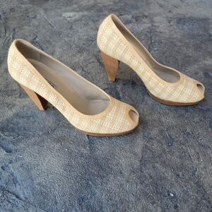 Via Spiga Women's Laurent Cream Plaid Woven Peep Toe Pump Platform Heel …